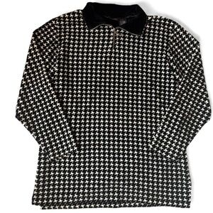 York Harbor Houndstooth Zip Pullover Velvet Collar Top Black White Size M